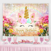 Toile de fond de joyeux anniversaire de paillettes d'or et de licorne florale